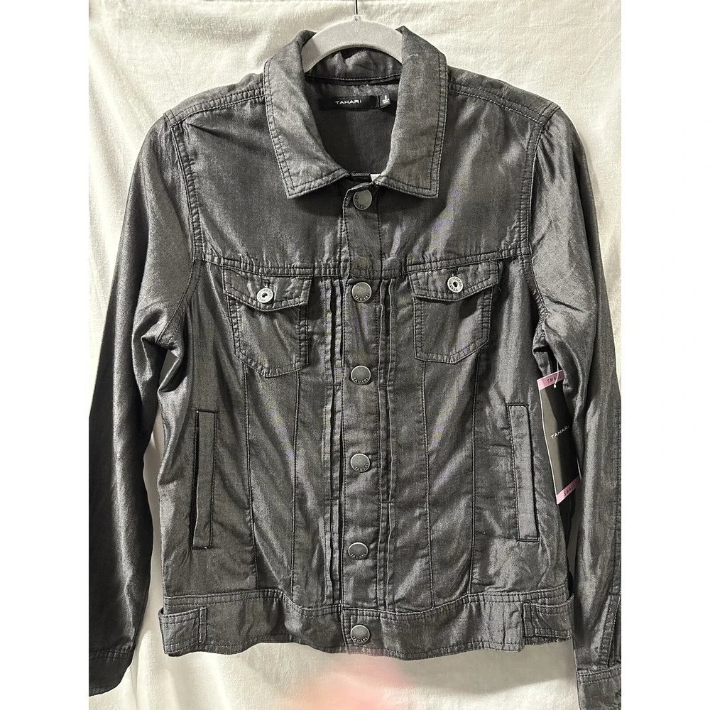 TAHARI‎ ✨New✨ Button Up Tencil Pin Tuck Jacket/Overshirt TC18-1509S Blk/Charcoal